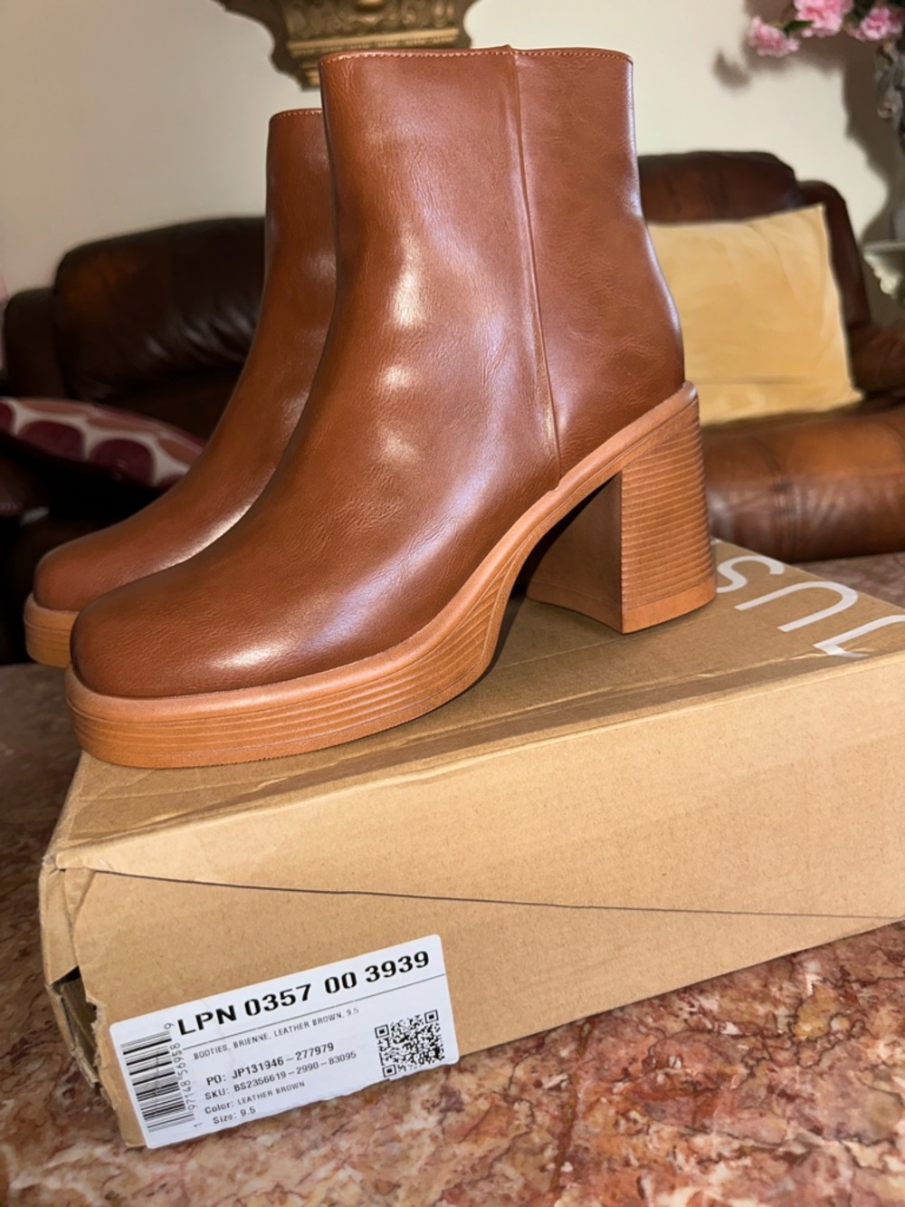 Just fab brown zip up booties with box